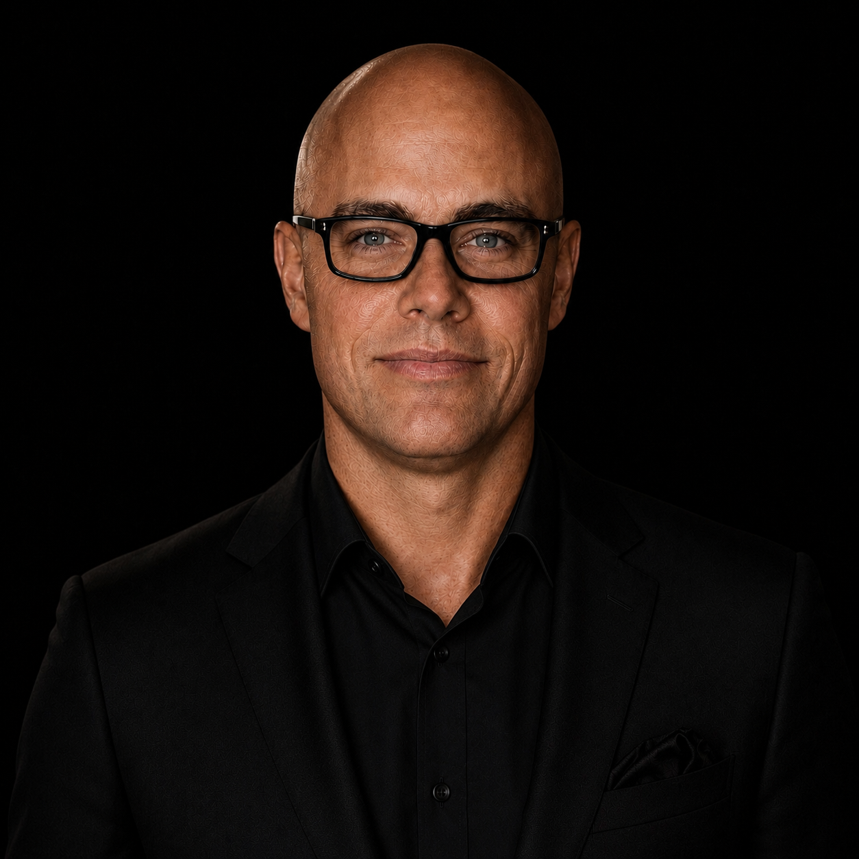 Headshot of Matt Tortorich wearing a black suit and shirt against a black background.